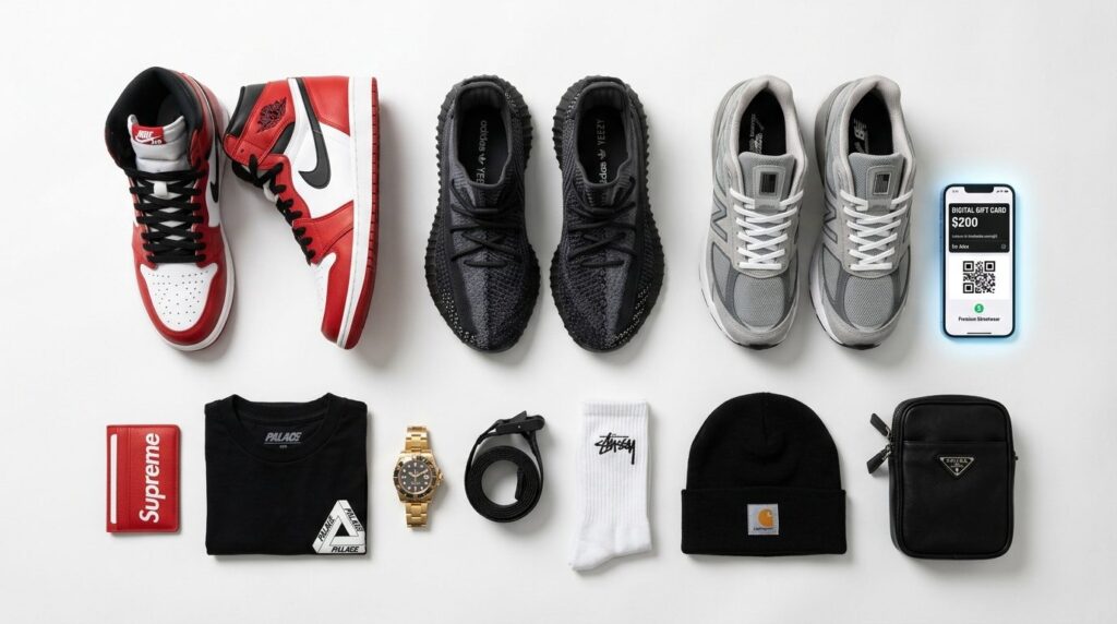 Overhead flat lay photography of a curated collection of pre